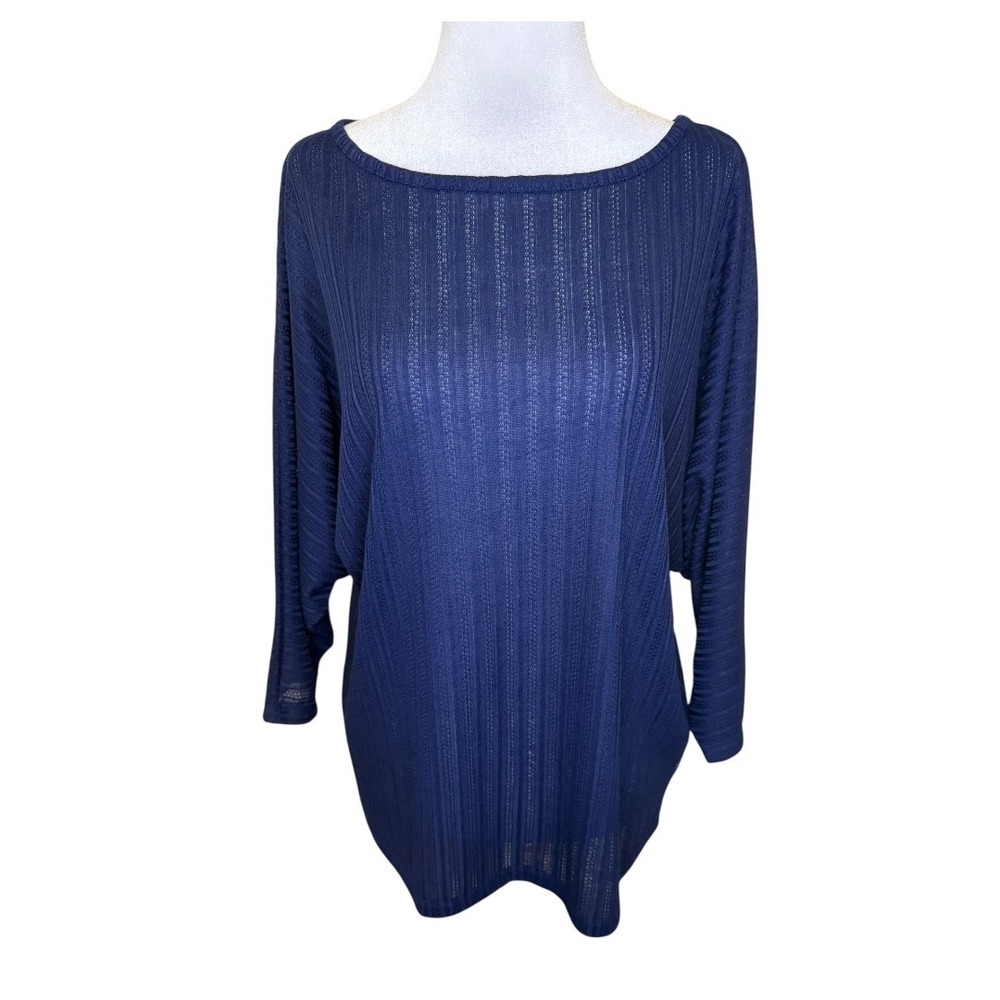 Retrology Womens‎ Celestial Navy Pointelle Rib Button Back Dolman Top Large NWT